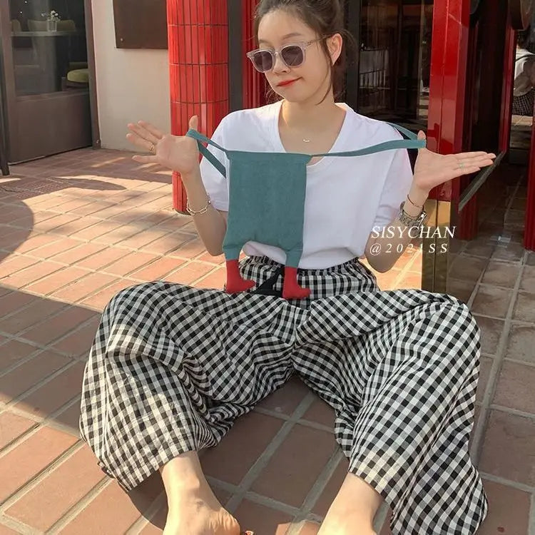 Pantaloni scozzesi a gamba larga da donna Pantaloni larghi stile coreano con pannelli Pantaloni streetwear Pantalones Abbigliamento estivo A-line Adolescenti College