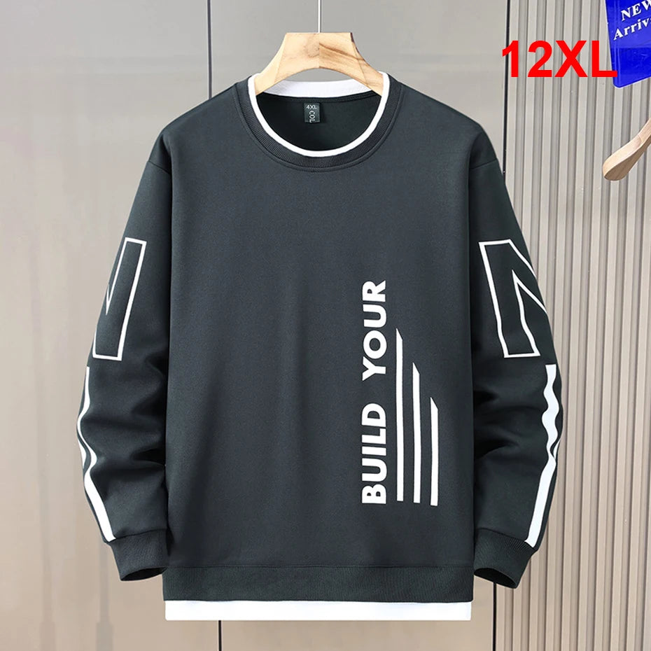 12XL Plus Size Felpe da uomo Primavera Autunno Falso design in due pezzi Felpa Moda Casual O-Collo Pullover Maschile Big Size 12XL