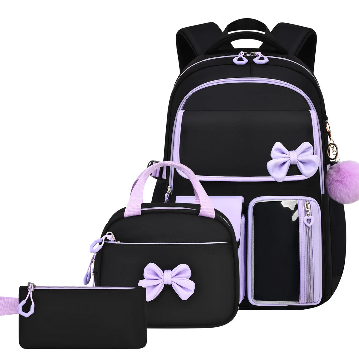 Zaino scolastico elementare multitasche per ragazze, zaino ergonomico impermeabile con fiocco, set di zaini per viaggi all'aperto e uso quotidiano