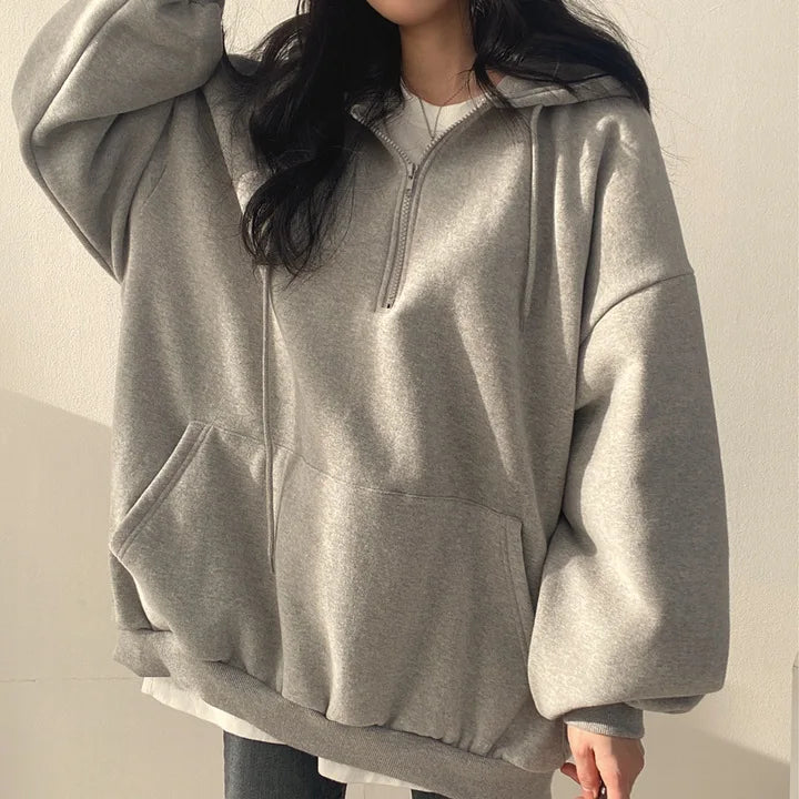 Felpa con cappuccio da donna Harajuku sciolto oversize tinta unita Top mezza Zip felpa donna Casual manica lunga tasca cappotti con cappuccio 2023