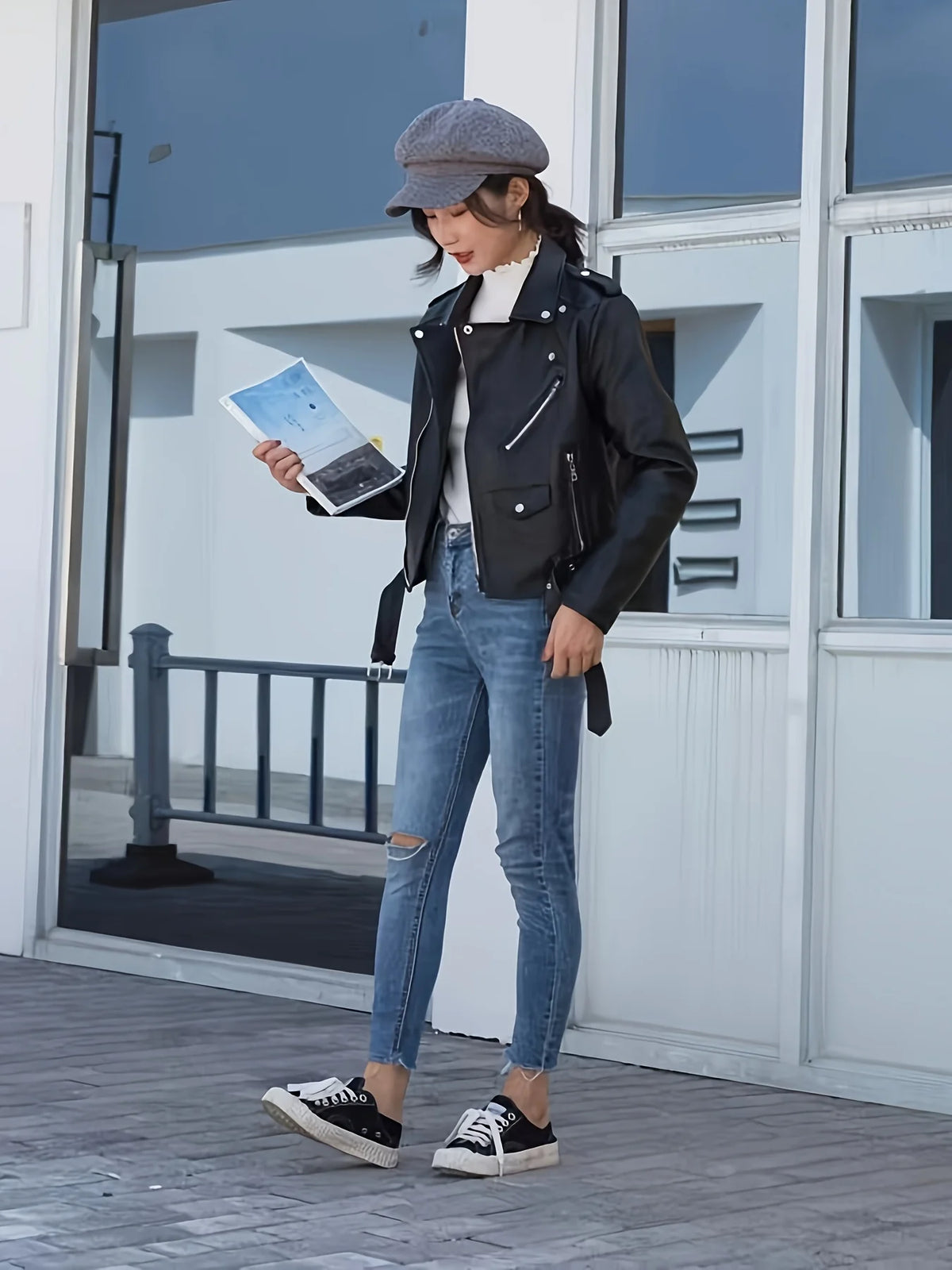 Giacca slim in pelle da motociclista corta americana retrò da donna primaverile e autunnale