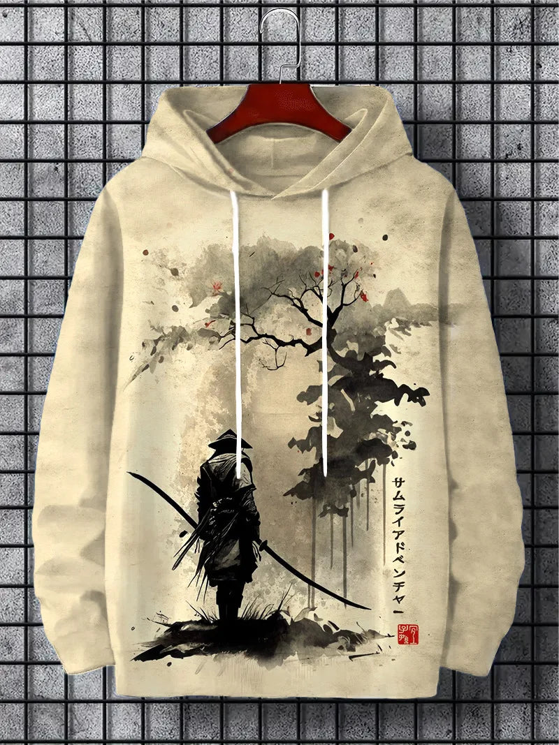 Felpa con cappuccio da uomo Samurai Stampa Y2k Felpa Harajuku Camicia con cappuccio Pullover Casual Oversize Manica lunga Sport Top Abbigliamento da uomo
