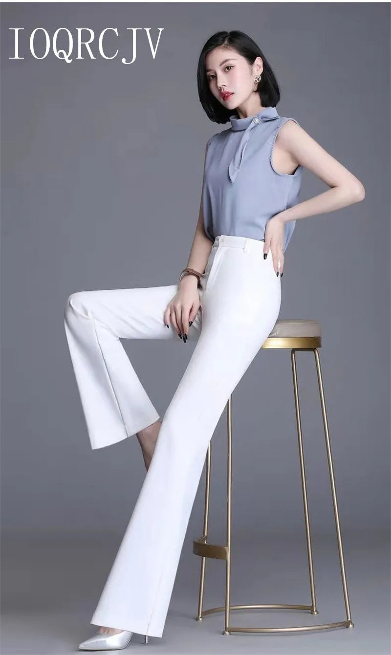 Pantaloni classici a zampa d'elefante bianchi sottili per le donne 2025 Pantaloni estivi a vita alta con fondo a campana sottile Pantaloni da donna da ufficio neri 5XL