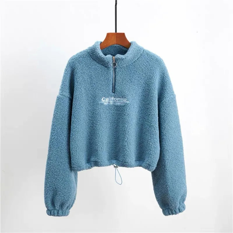Felpe con cappuccio ritagliate in pile con ricamo a lettera da donna felpe con coulisse a maniche lunghe autunnali nuove magliette Casual in velluto di peluche