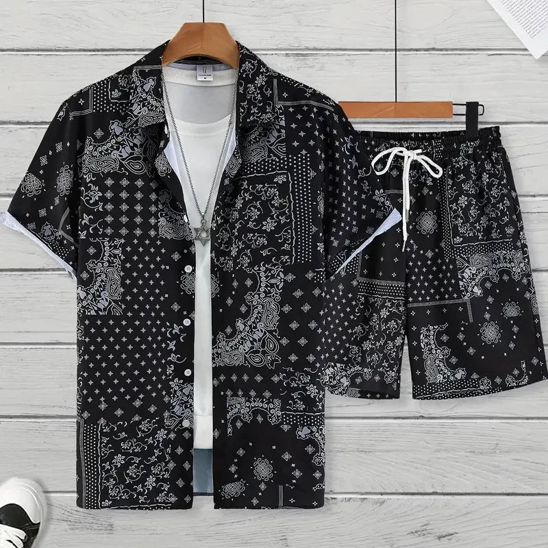 2024 vestito da vacanza estiva dei nuovi uomini camicia con bordo stampato strutturato retrò pantaloncini a maniche corte tuta da piscina traspirante da uomo in due pezzi