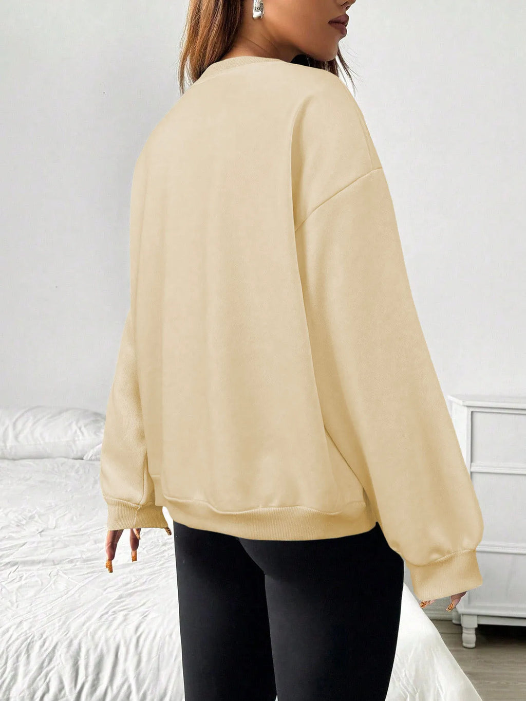 Felpa da donna casual semplice tinta unita ampia a maniche lunghe versione oversize o-collo top basic primavera/autunno streetwear