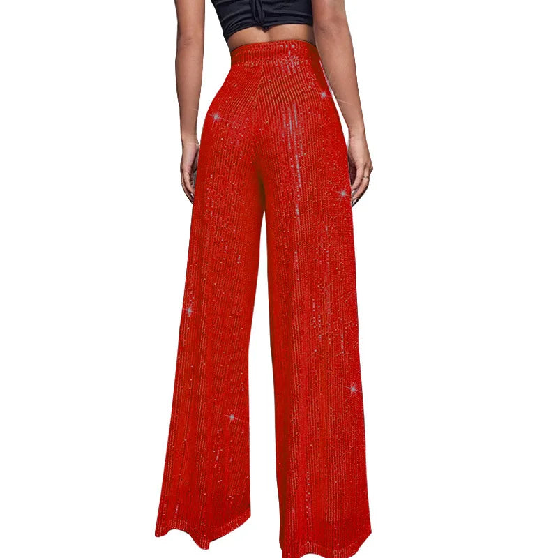 Pantaloni da donna, abbigliamento femminile, vestiti alla moda, pantaloni casual con paillettes, pantaloni eleganti, ampi e fluidi, a gamba larga, hwy5623