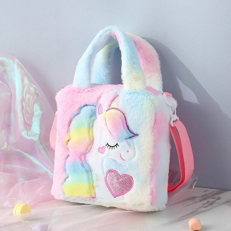 Borse per bambini Borse a tracolla Borsa a tracolla in peluche ricamata a fumetti Borsa per bambini carina per ragazza Borsa a tracolla per ragazza unicorno Spot