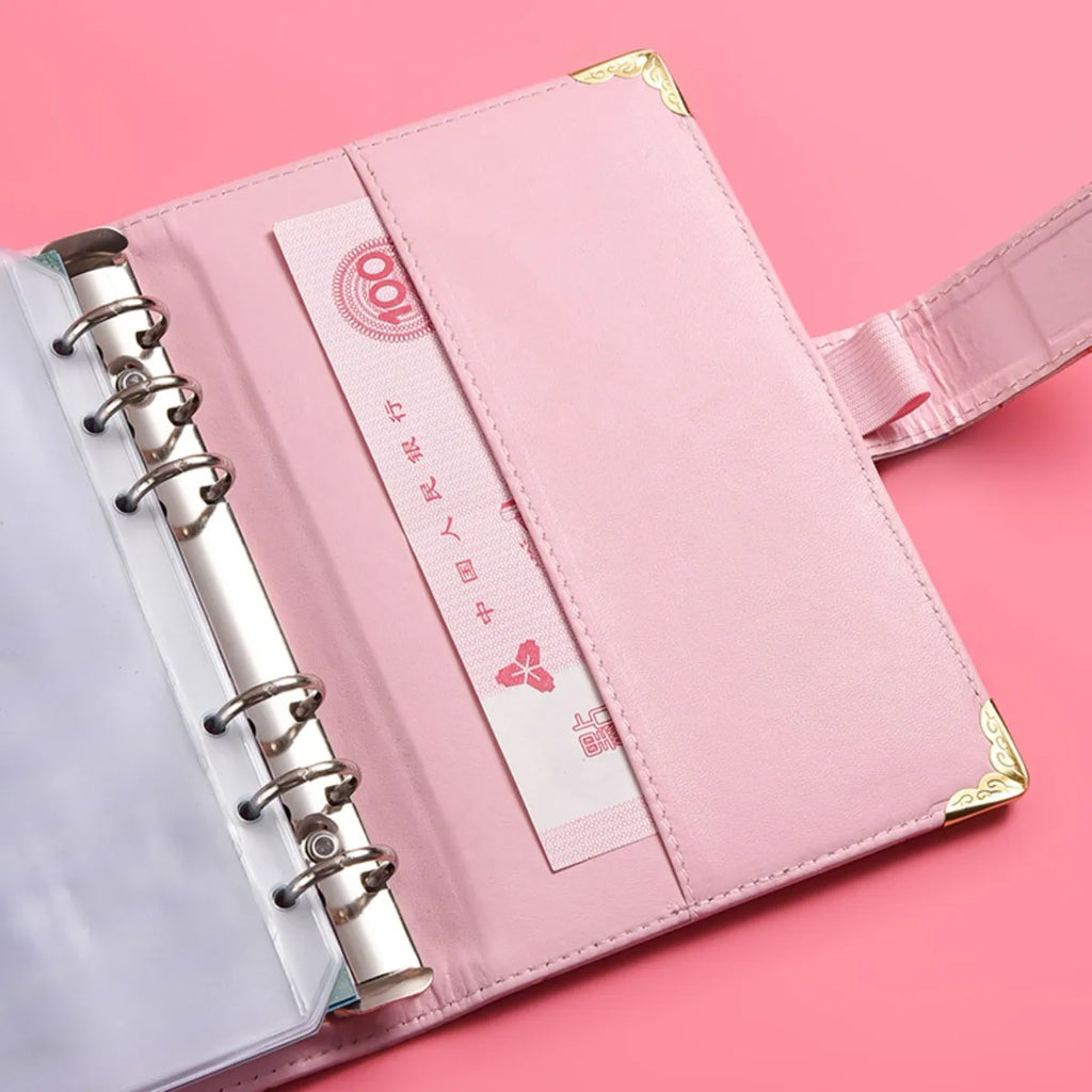 1spc budget card 12 sheets+zipper bag 8 sheets+2 sheets English stickers A6 leather retro marble pattern copper corner accountin