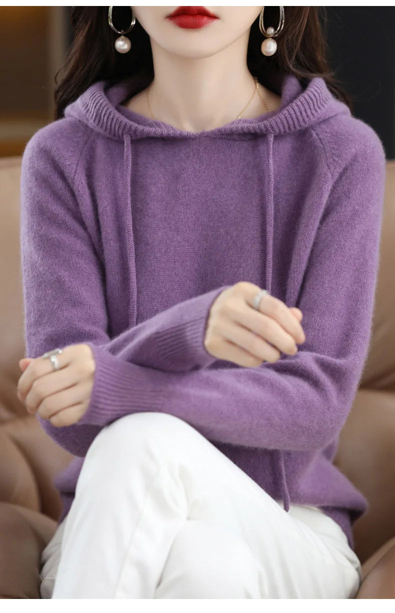 Maglione con cappuccio Moda Donna Autunno Inverno Manica lunga Tinta unita Felpe con cappuccio lavorate a maglia Lady Felpa con cappuccio pullover casual con coulisse allentata