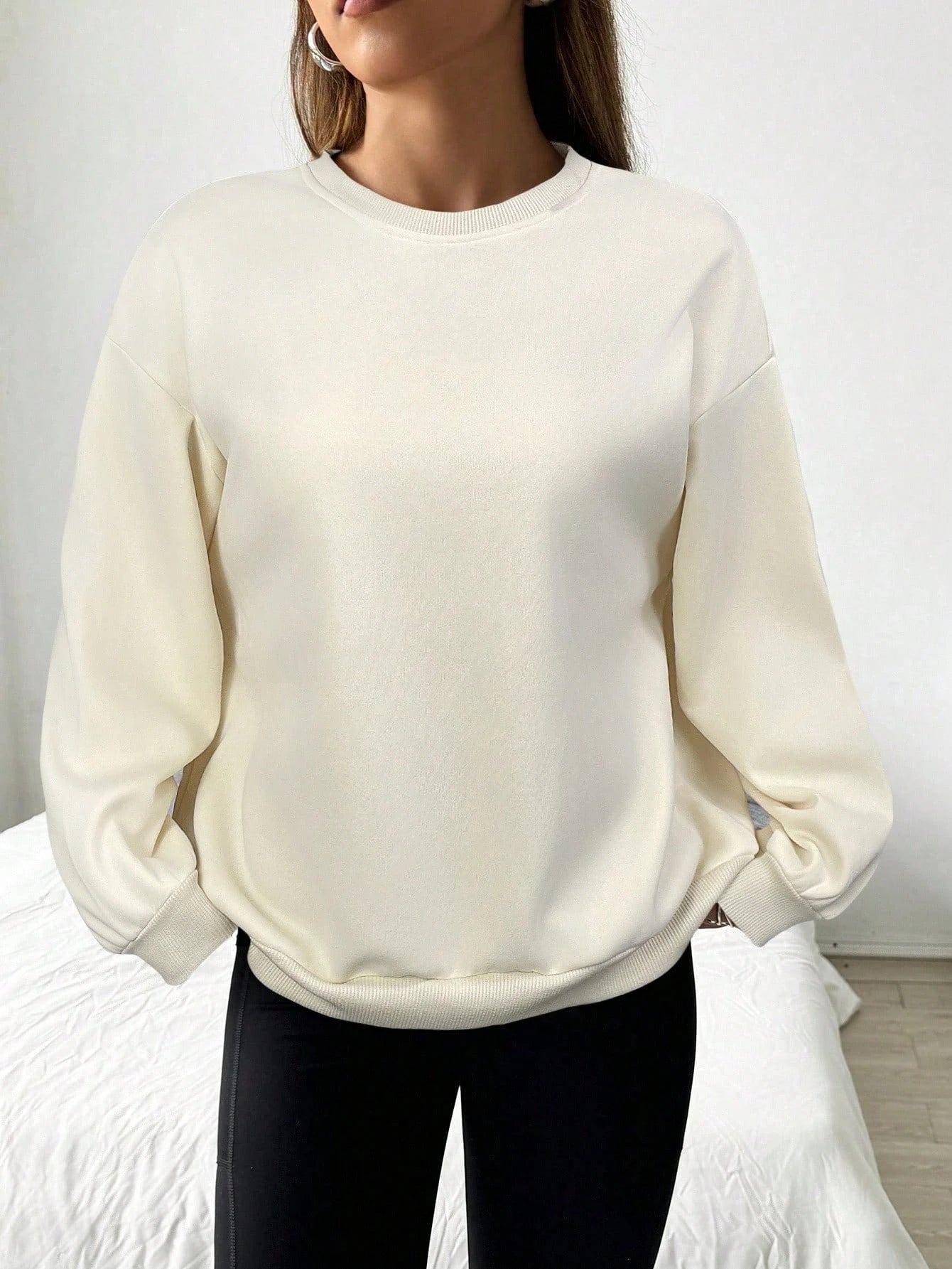 Felpa da donna casual semplice tinta unita ampia a maniche lunghe versione oversize o-collo top basic primavera/autunno streetwear