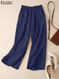 ZANZEA-Pantaloni Estivi da Donna in Cotone e Lino con Vita Elastica, Gamba Larga, Casual, Leggeri, Tinta Unita, Pantaloni Palazzo
