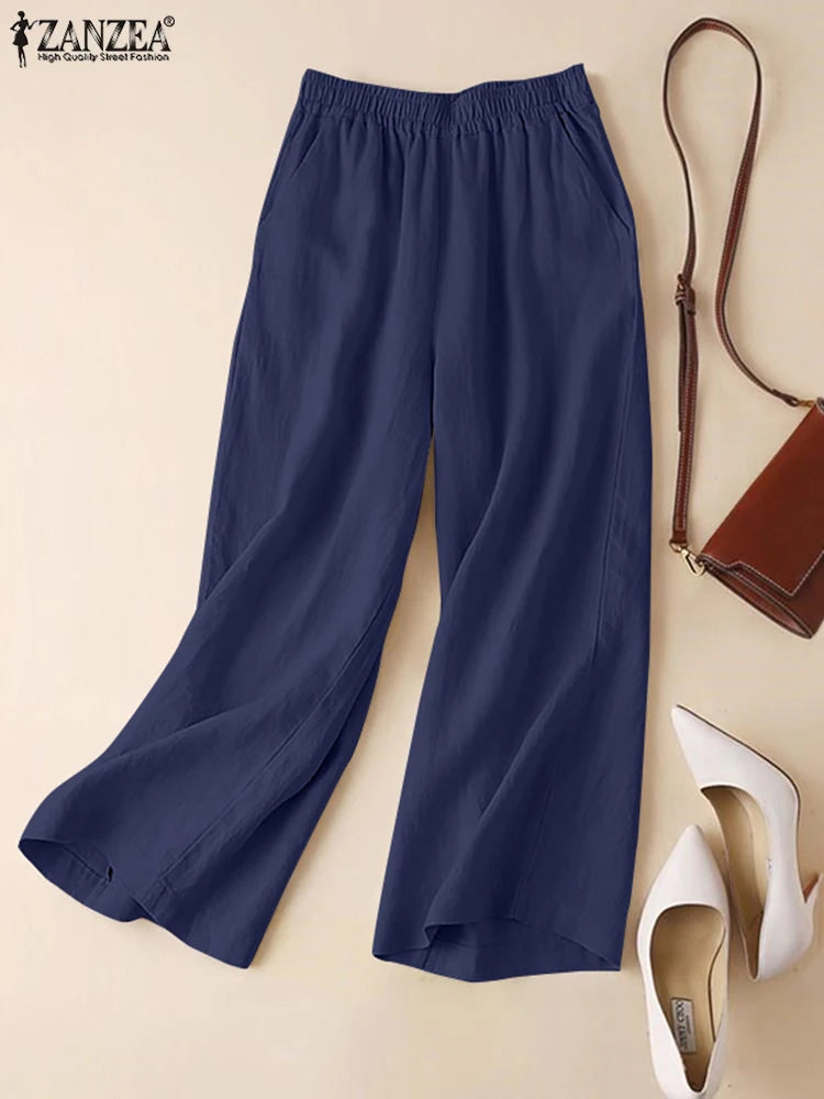 ZANZEA-Pantaloni Estivi da Donna in Cotone e Lino con Vita Elastica, Gamba Larga, Casual, Leggeri, Tinta Unita, Pantaloni Palazzo