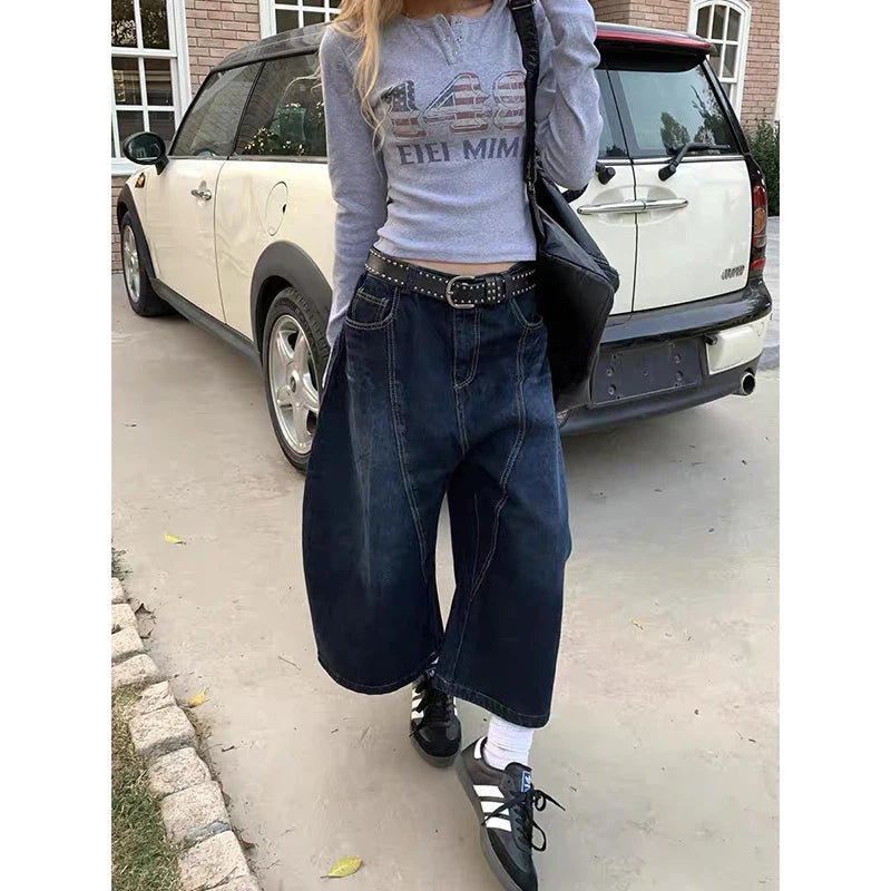 Blu delle Donne Retro Y2K 2000s Gamba Larga Baggy Casual Denim Pantaloni A Vita Alta Jeans Allentati 2024 Autunno Harajuku Pantaloni a Figura Intera