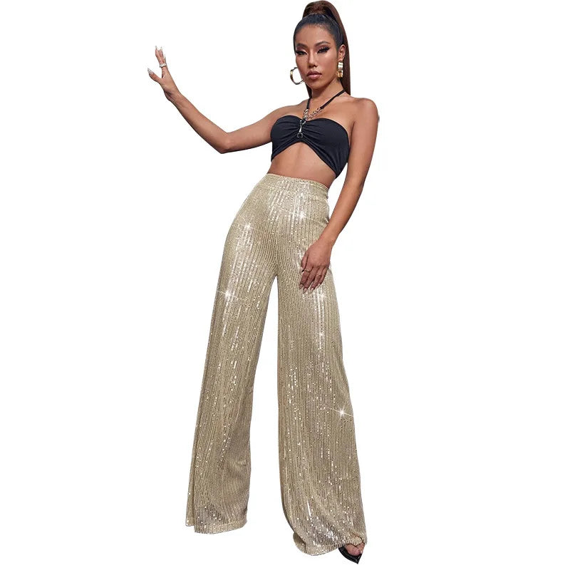 Pantaloni da donna, abbigliamento femminile, vestiti alla moda, pantaloni casual con paillettes, pantaloni eleganti, ampi e fluidi, a gamba larga, hwy5623