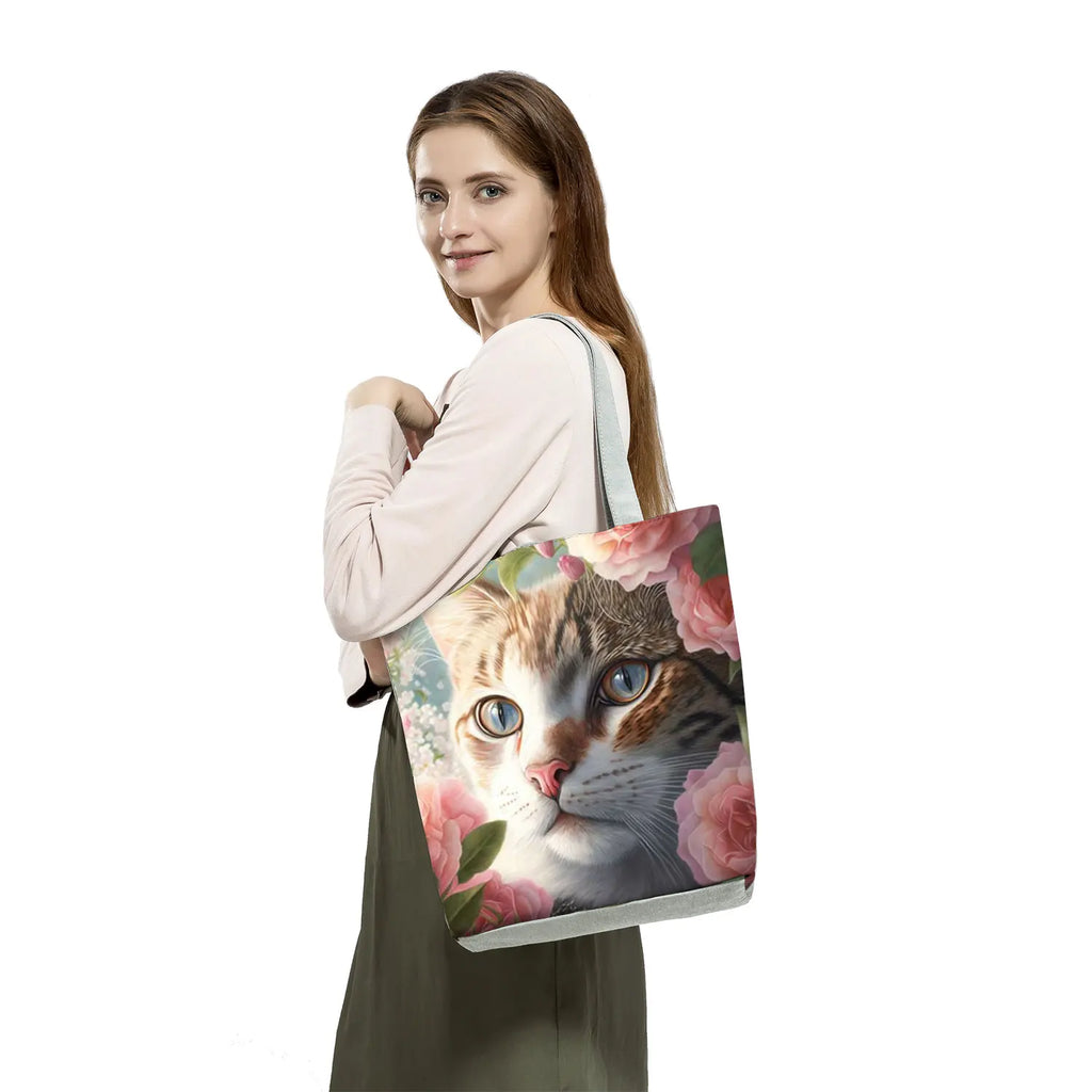Pretty Cartoon Cat Print borse borse da spiaggia da donna ad alta capacità Cute Animal Graphic Eco borse per la spesa riutilizzabili portatili