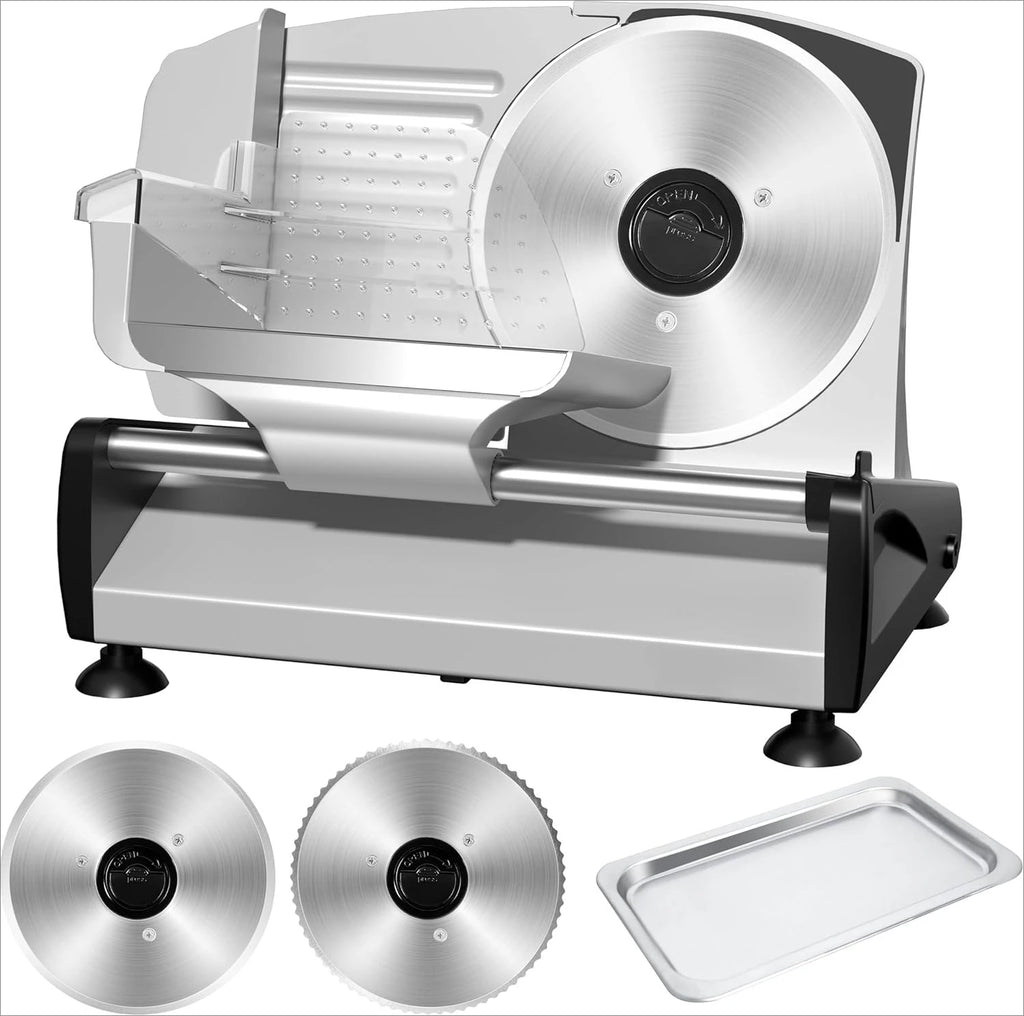 Meat Slicer with Quiet DC Motor, 200W Electric Deli Slicer, Dual 7.5'' Stainless Steel Blades, 0-15mm Adjustable Thickness