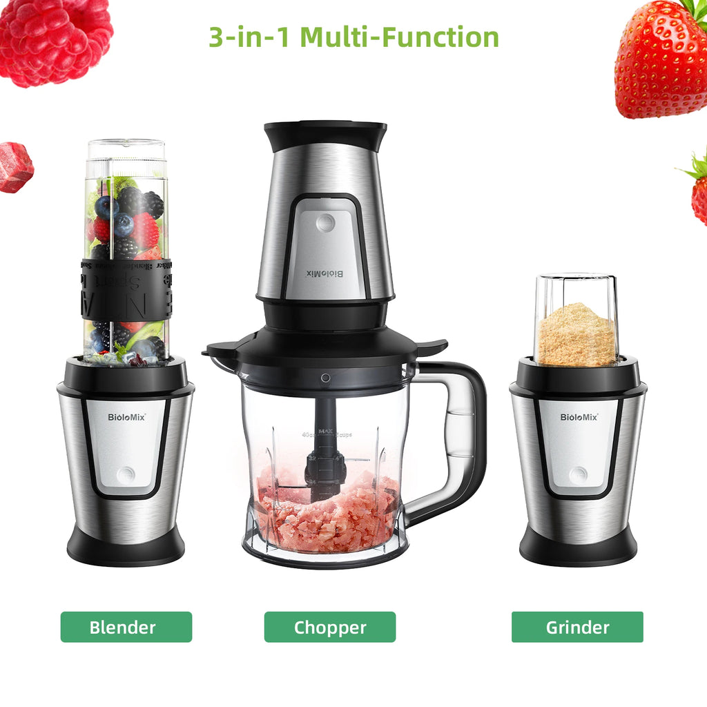 BioloMix 700W Compact Kitchen Blender 3-in-1 Juicer Food Processor and Dry Grinder Perfect for Making Fresh Juices Dips
