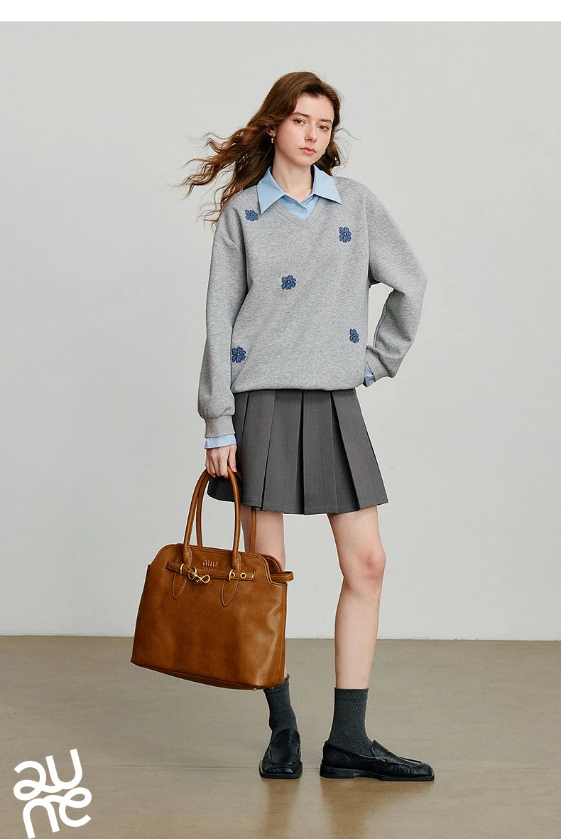 TOYOUTH Felpa da donna 2025 Autunno Nuovo Denim Fiore Ricamo Falso in due pezzi Splicing Colletto rovesciato Pullover casual in cotone