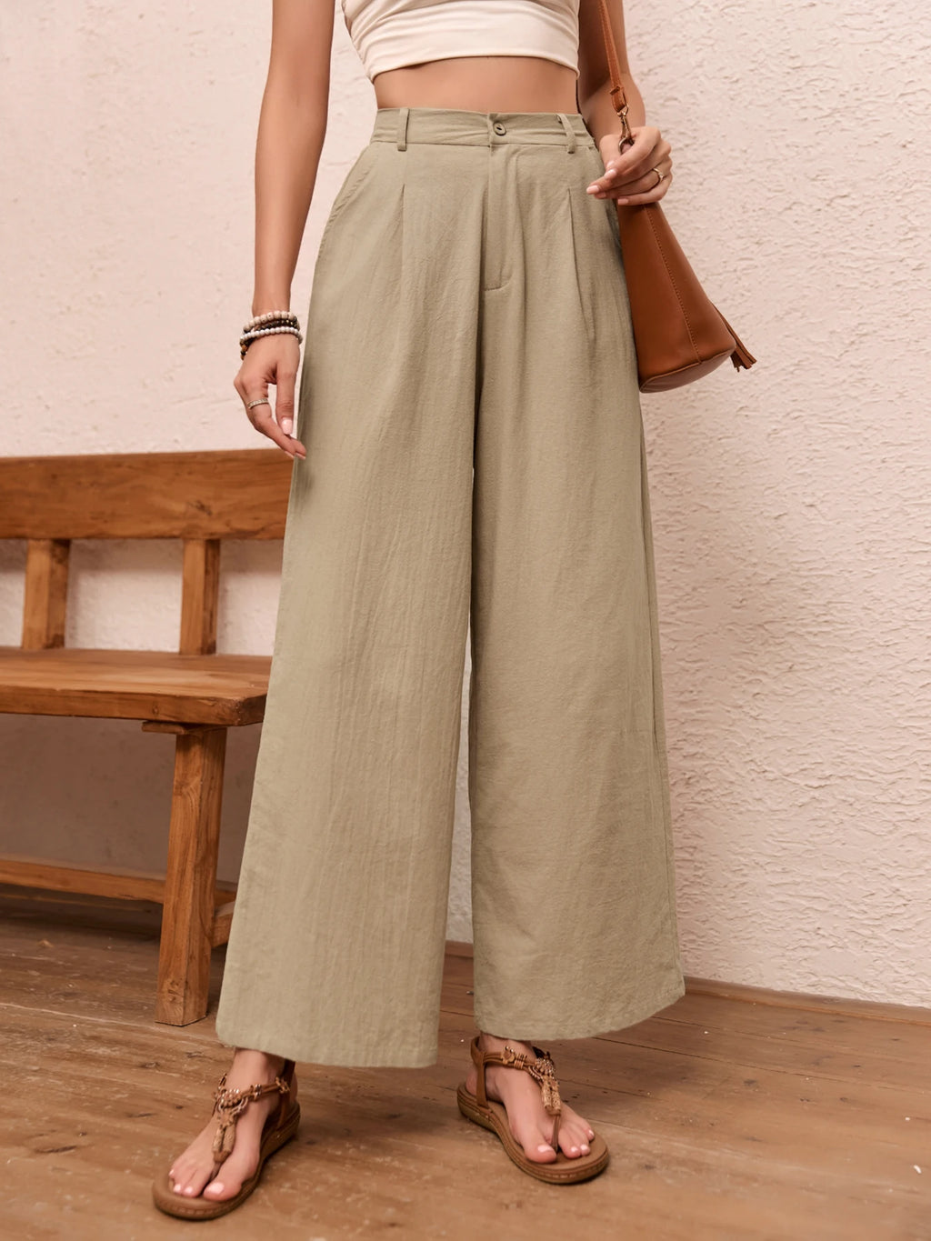 Eleganti Pantaloni Larghi in Lino Tinta Unita per Donne, Vita Alta, Casual Estivi, Morbidi e Snellenti, Lunghi per Primavera e Autunno