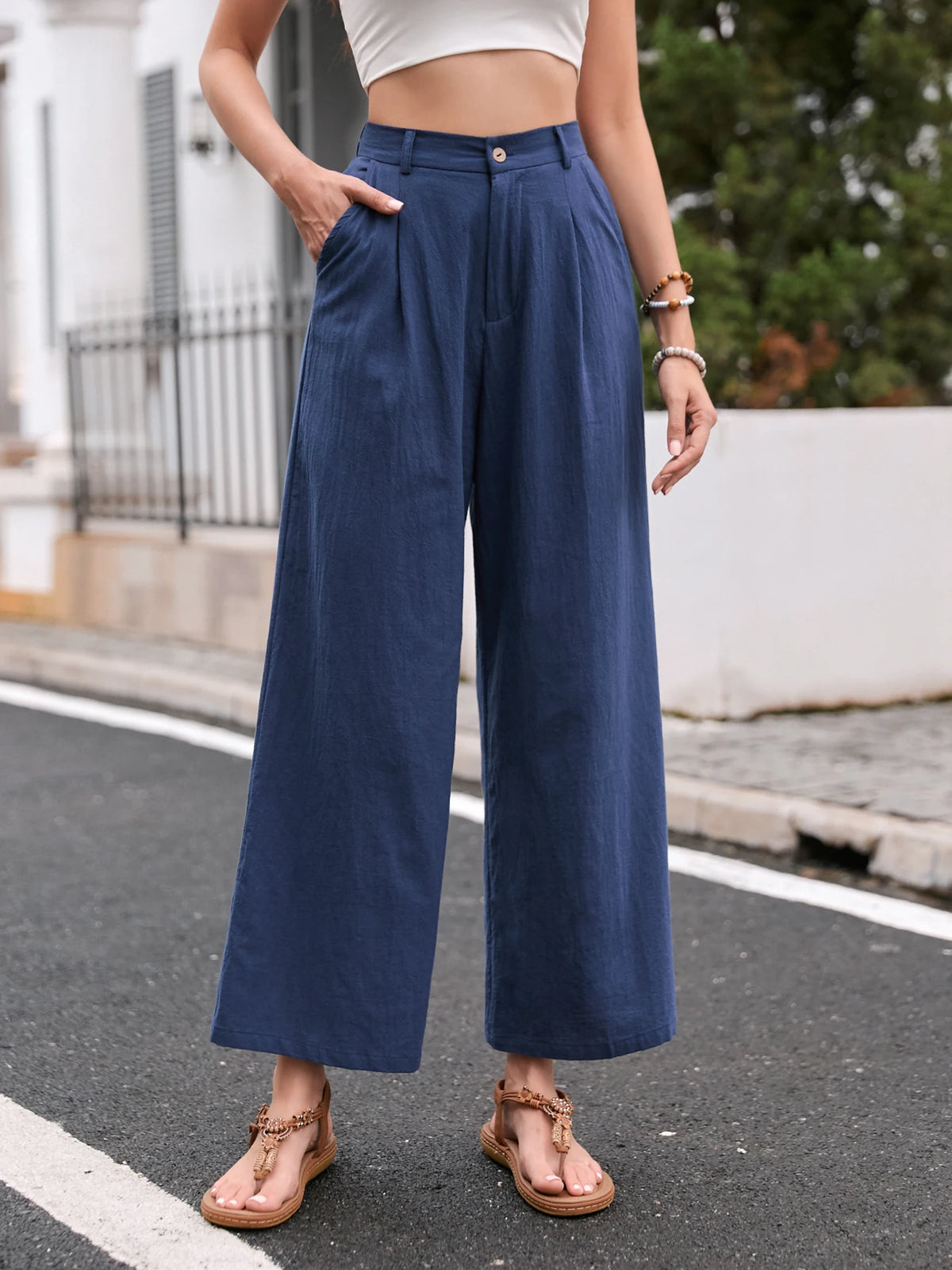 Eleganti Pantaloni Larghi in Lino Tinta Unita per Donne, Vita Alta, Casual Estivi, Morbidi e Snellenti, Lunghi per Primavera e Autunno