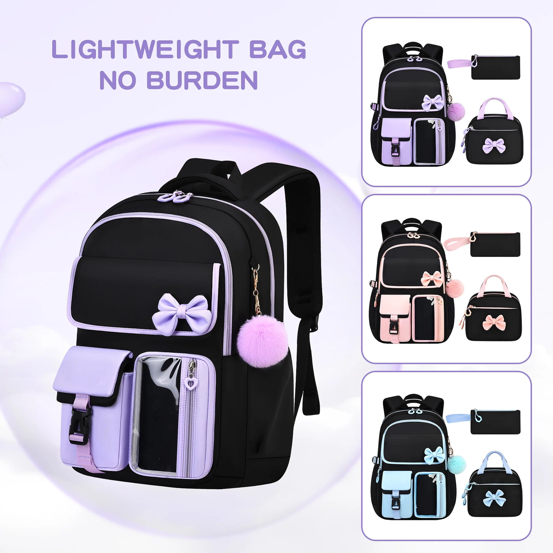 Zaino scolastico elementare multitasche per ragazze, zaino ergonomico impermeabile con fiocco, set di zaini per viaggi all'aperto e uso quotidiano