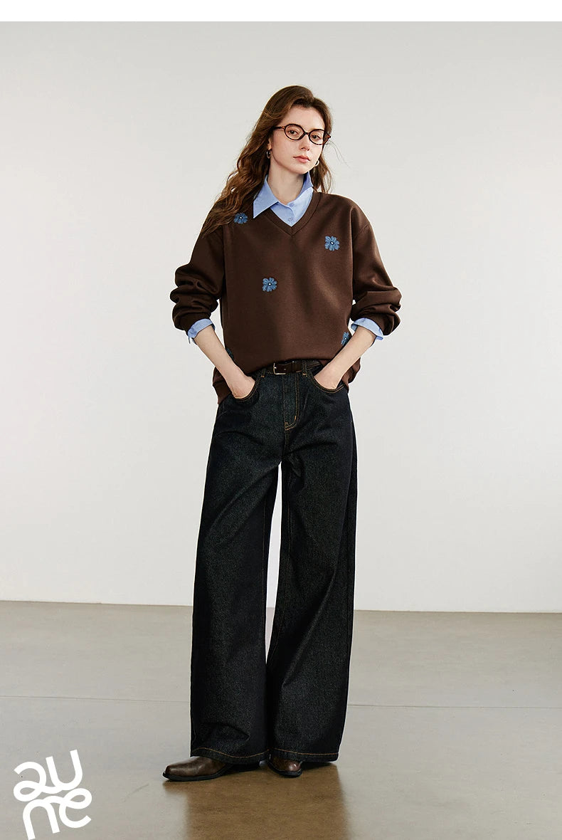 TOYOUTH Felpa da donna 2025 Autunno Nuovo Denim Fiore Ricamo Falso in due pezzi Splicing Colletto rovesciato Pullover casual in cotone