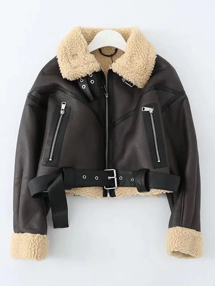 Ailegogo Inverno Donna Streetwear Giacca corta in pelliccia di agnello sintetica con cintura Moto Biker Cappotto di pelle di pecora caldo spesso Capispalla