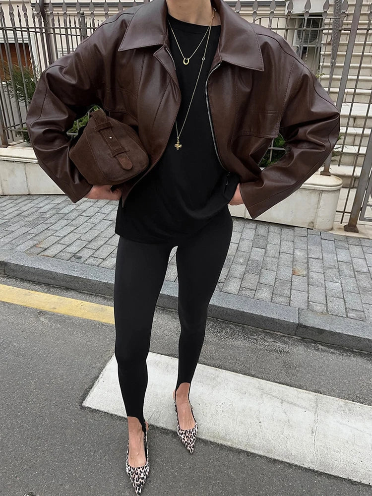 Giacca in pelle vintage con cintura in vita solida Moda donna Colletto alla coreana Manica intera Cappotto con fibbia con cerniera 2026 Lady Street Capispalla