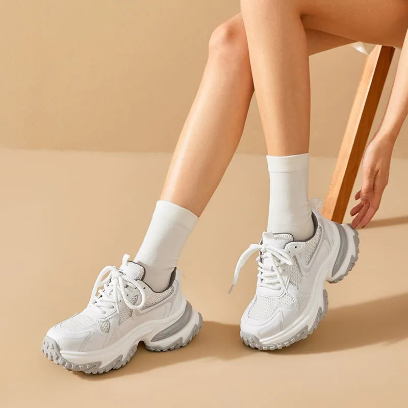 BEAUTODAY Chunky Sneakers donna Mesh tinta unita Patchwork suola spessa Lace-up 2024 primavera scarpe per il tempo libero femminili fatte a mano 29 a03
