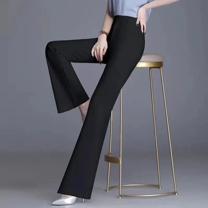 Pantaloni classici a zampa d'elefante bianchi sottili per le donne 2025 Pantaloni estivi a vita alta con fondo a campana sottile Pantaloni da donna da ufficio neri 5XL