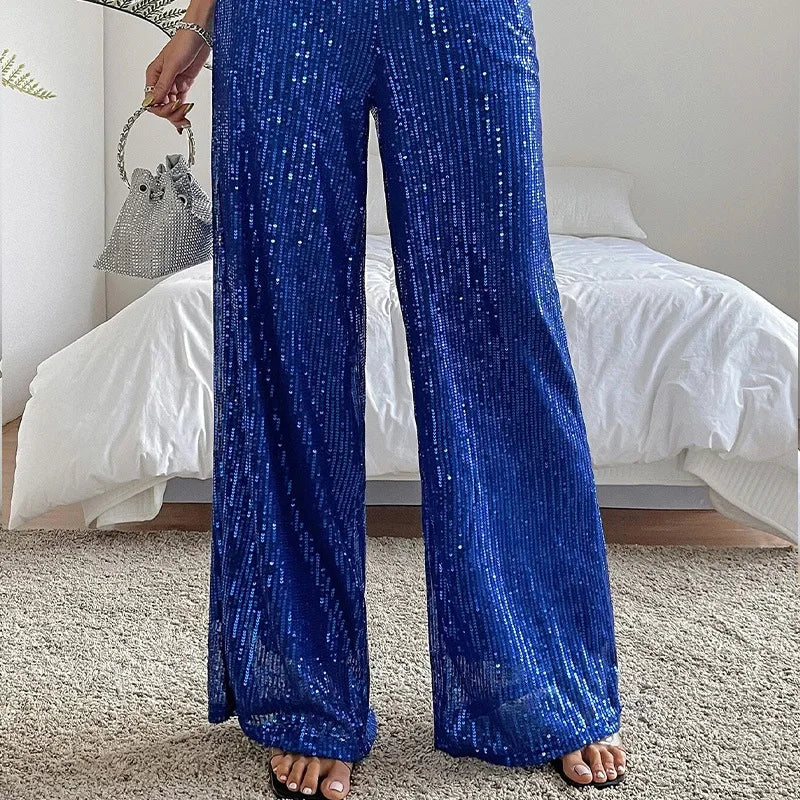 Pantaloni da donna, abbigliamento femminile, vestiti alla moda, pantaloni casual con paillettes, pantaloni eleganti, ampi e fluidi, a gamba larga, hwy5623