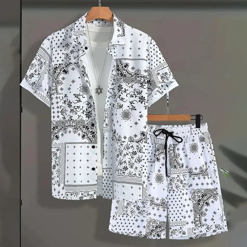 2024 vestito da vacanza estiva dei nuovi uomini camicia con bordo stampato strutturato retrò pantaloncini a maniche corte tuta da piscina traspirante da uomo in due pezzi