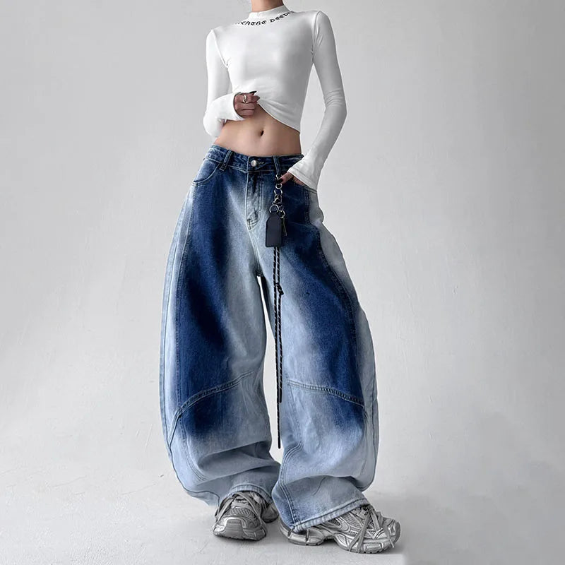 Jeans coreani retrò sfumati per donna Pantaloni a gamba dritta Pantaloni casual a gamba larga Jeans blu Pantaloni Y2k larghi senza pendente