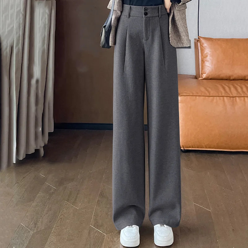 2024 Autunno Inverno Donna Pantaloni di lana concisi Lady Gamba larga Designer Pantaloni esterni Donna Addensare Pantaloni drappeggiati a vita alta