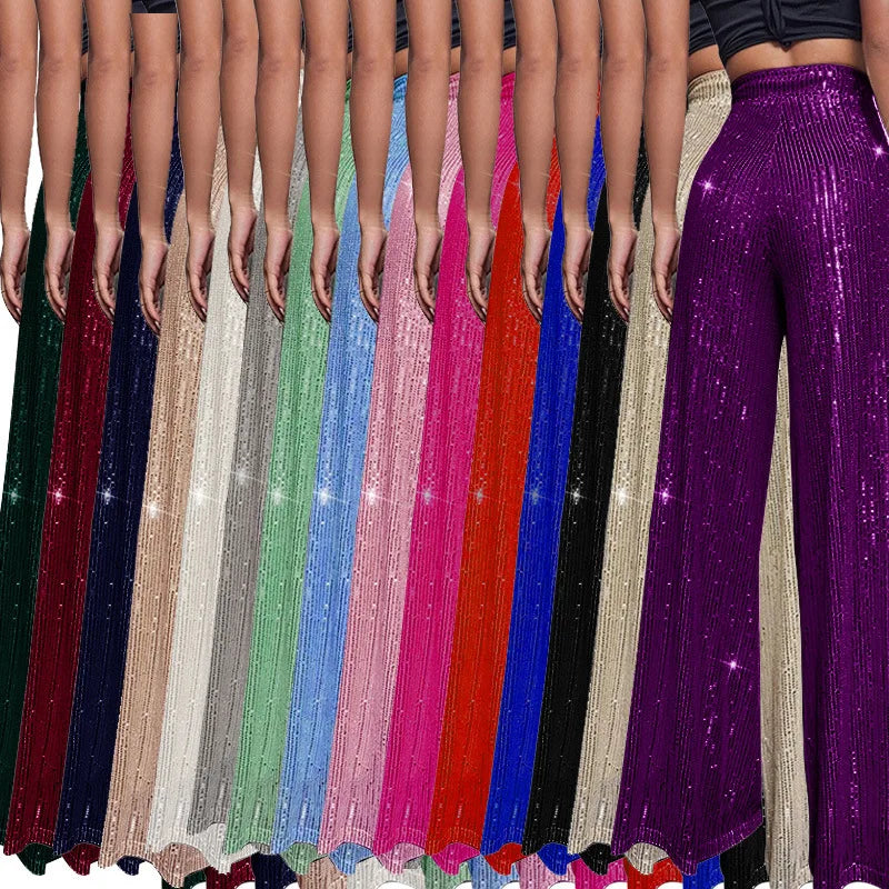 Pantaloni da donna, abbigliamento femminile, vestiti alla moda, pantaloni casual con paillettes, pantaloni eleganti, ampi e fluidi, a gamba larga, hwy5623