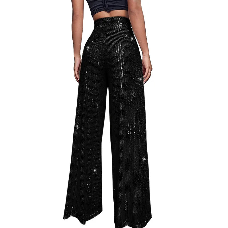 Pantaloni da donna, abbigliamento femminile, vestiti alla moda, pantaloni casual con paillettes, pantaloni eleganti, ampi e fluidi, a gamba larga, hwy5623