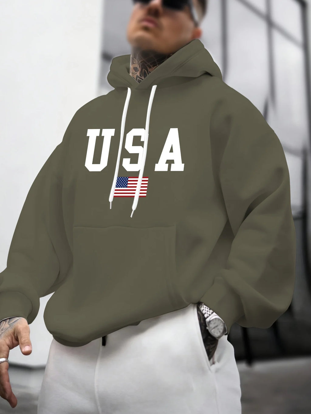 Felpa con Cappuccio da Uomo Autunno-Inverno, Moda Casual, Stampa Grafica Bandiera Americana, Maniche Lunghe, Pullover Caldo