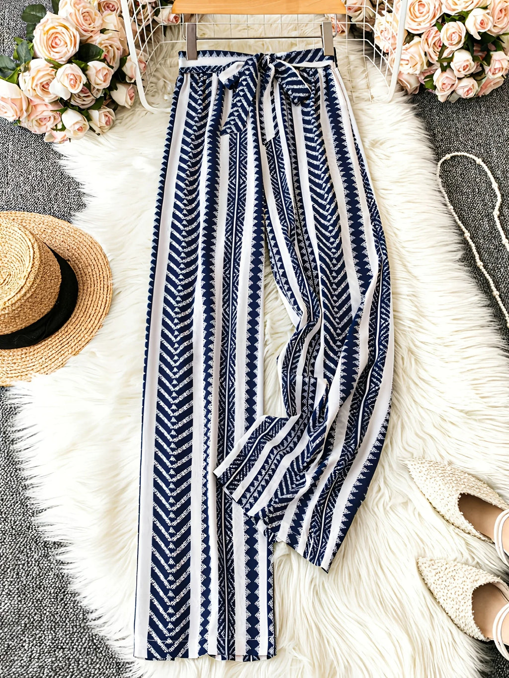 Pantaloni lunghi da spiaggia a gamba larga, stile bohémien, casual ed eleganti, stampati, elasticizzati, a vita alta, modellanti, da donna.