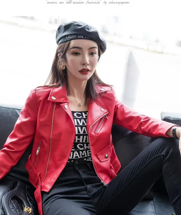2025 Primavera Autunno Nuova giacca di pelle da donna Abbigliamento da moto Cappotto corto