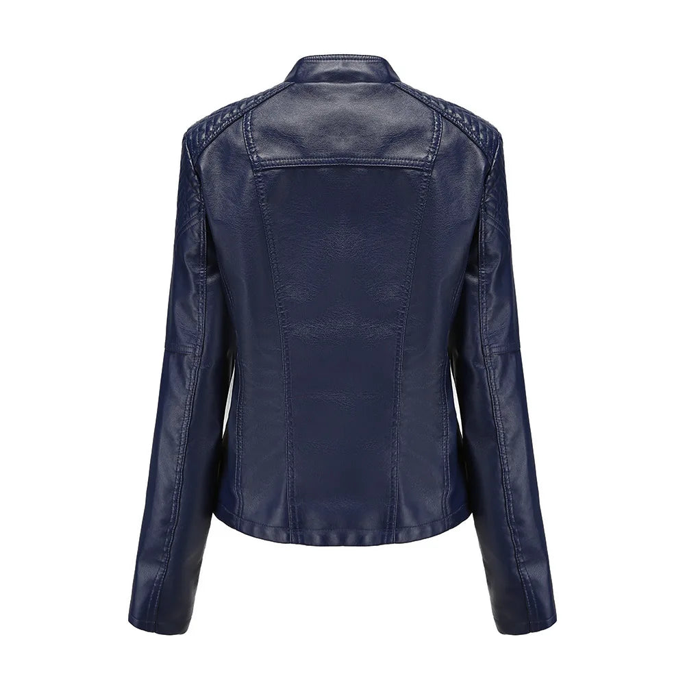 Giacca in Pelle da Donna Primavera/Autunno, Slim Fit, Stile Biker, Cappotto Corto in Ecopelle con Colletto Alto e Cerniera
