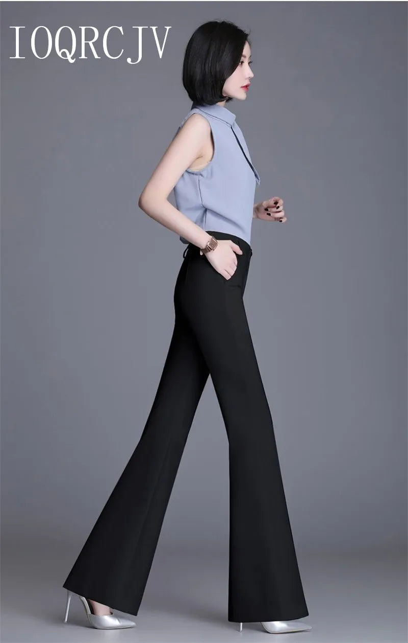 Pantaloni classici a zampa d'elefante bianchi sottili per le donne 2025 Pantaloni estivi a vita alta con fondo a campana sottile Pantaloni da donna da ufficio neri 5XL