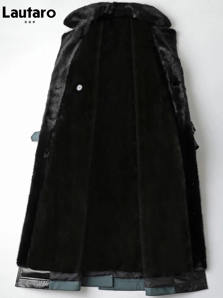 Lautaro Trench invernale lungo caldo e spesso con pelliccia sintetica, tasche interne con cintura, doppio petto, foderato in pelliccia di lusso per donna