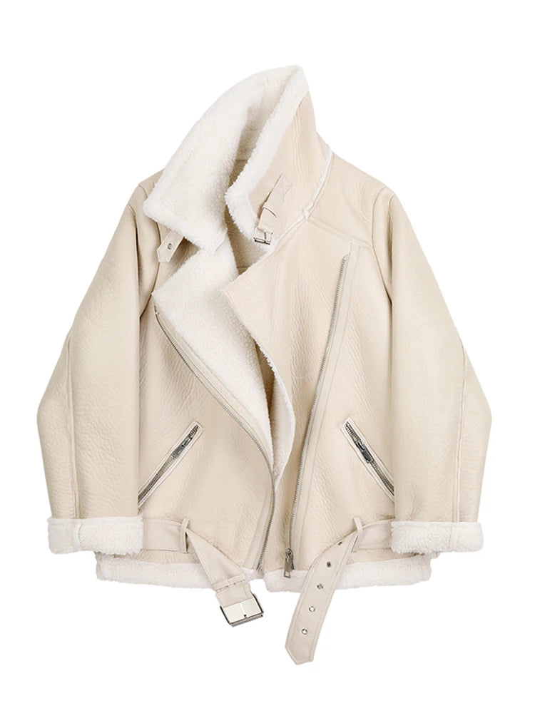 Ailegogo Cappotti invernali Donna Spessore Pelliccia sintetica Pelle di pecora Pelliccia femminile Giacca in pelle Aviator Outwear Casaco Feminino