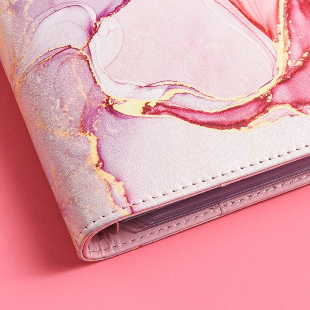 1spc budget card 12 sheets+zipper bag 8 sheets+2 sheets English stickers A6 leather retro marble pattern copper corner accountin
