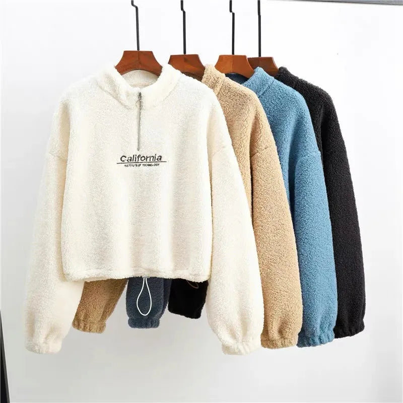 Felpe con cappuccio ritagliate in pile con ricamo a lettera da donna felpe con coulisse a maniche lunghe autunnali nuove magliette Casual in velluto di peluche