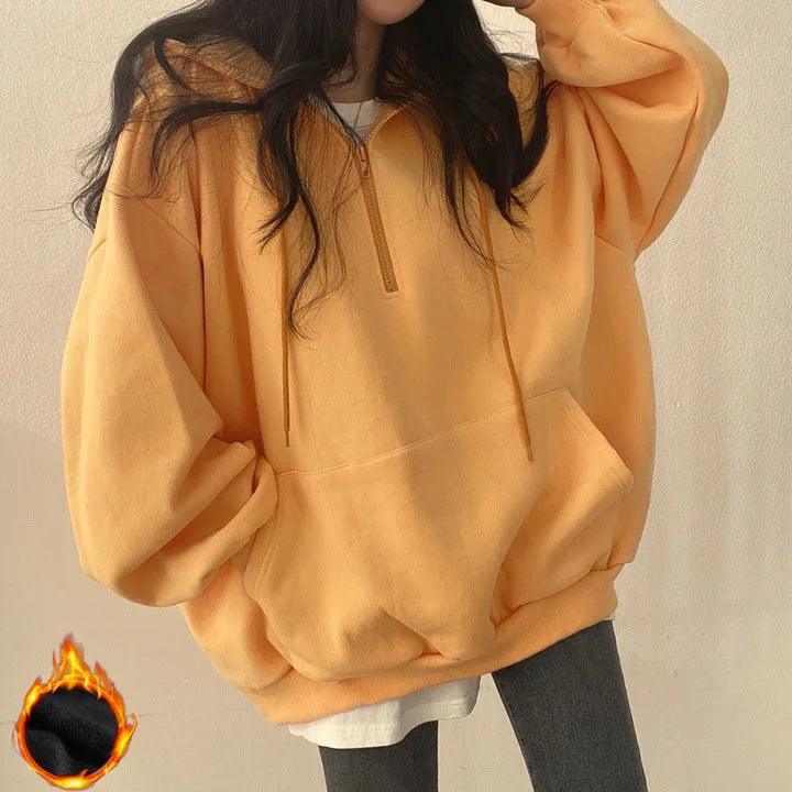 Felpa con cappuccio da donna Harajuku sciolto oversize tinta unita Top mezza Zip felpa donna Casual manica lunga tasca cappotti con cappuccio 2023