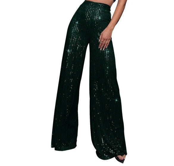 Pantaloni da donna, abbigliamento femminile, vestiti alla moda, pantaloni casual con paillettes, pantaloni eleganti, ampi e fluidi, a gamba larga, hwy5623