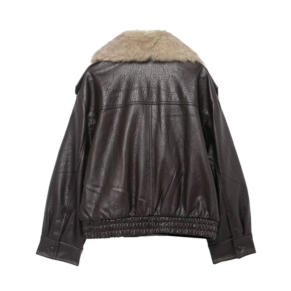 TFMLN 2025 Donne di Inverno Allentato Giacca In Ecopelle Moda Rimosso Grande Collo di Pelliccia Cappotto Causale High Street Doppio Petto Outwear