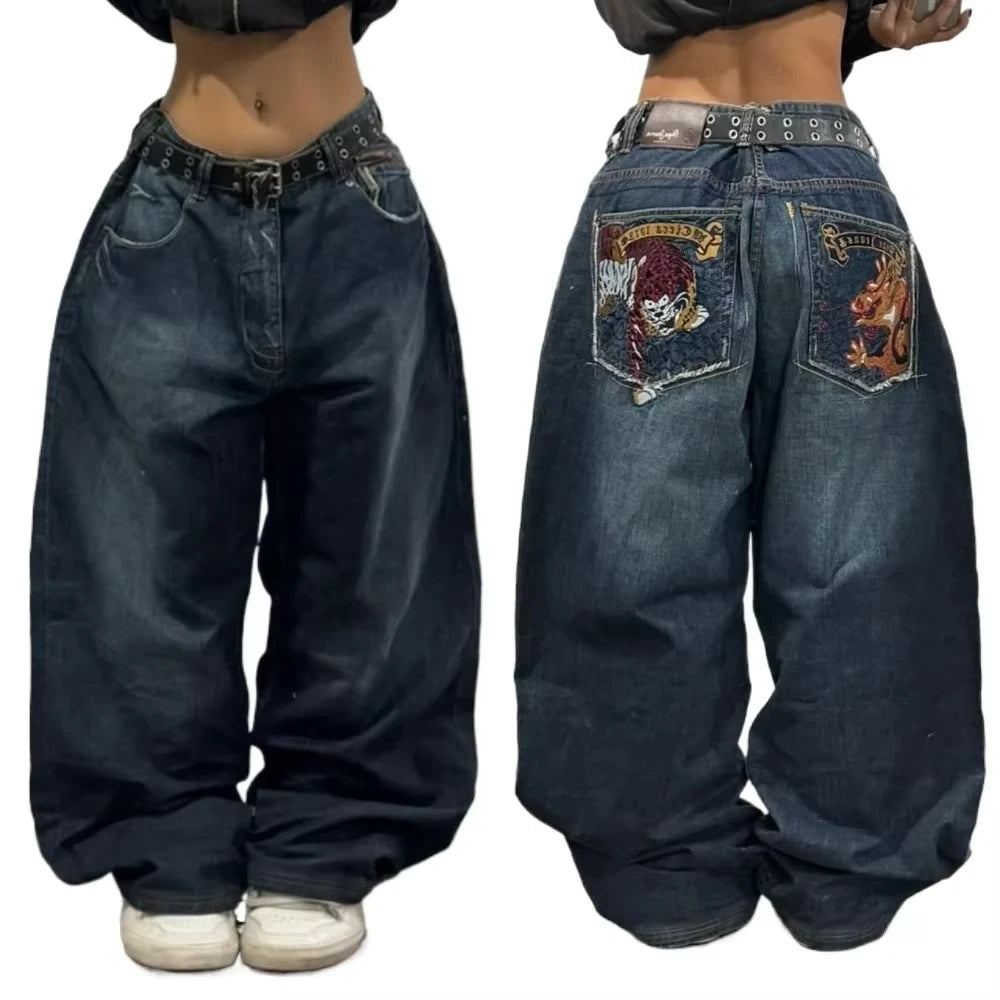 American New Fashion Modello geometrico Jeans larghi ricamati Donna Y2K Harajuku Vintage Hip-hop Pantaloni larghi casual popolari